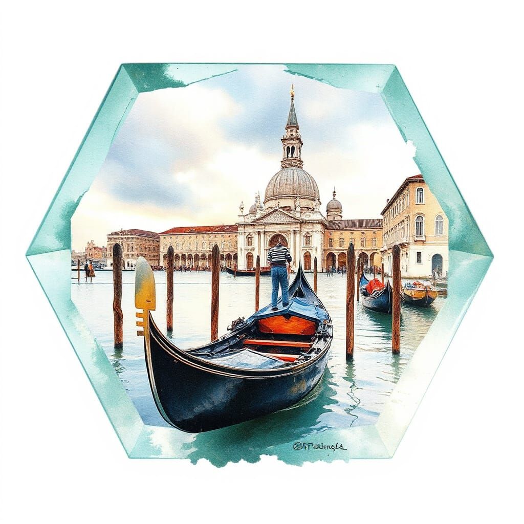Venice Gondola Through Sea Glass Hexagon Watercolour