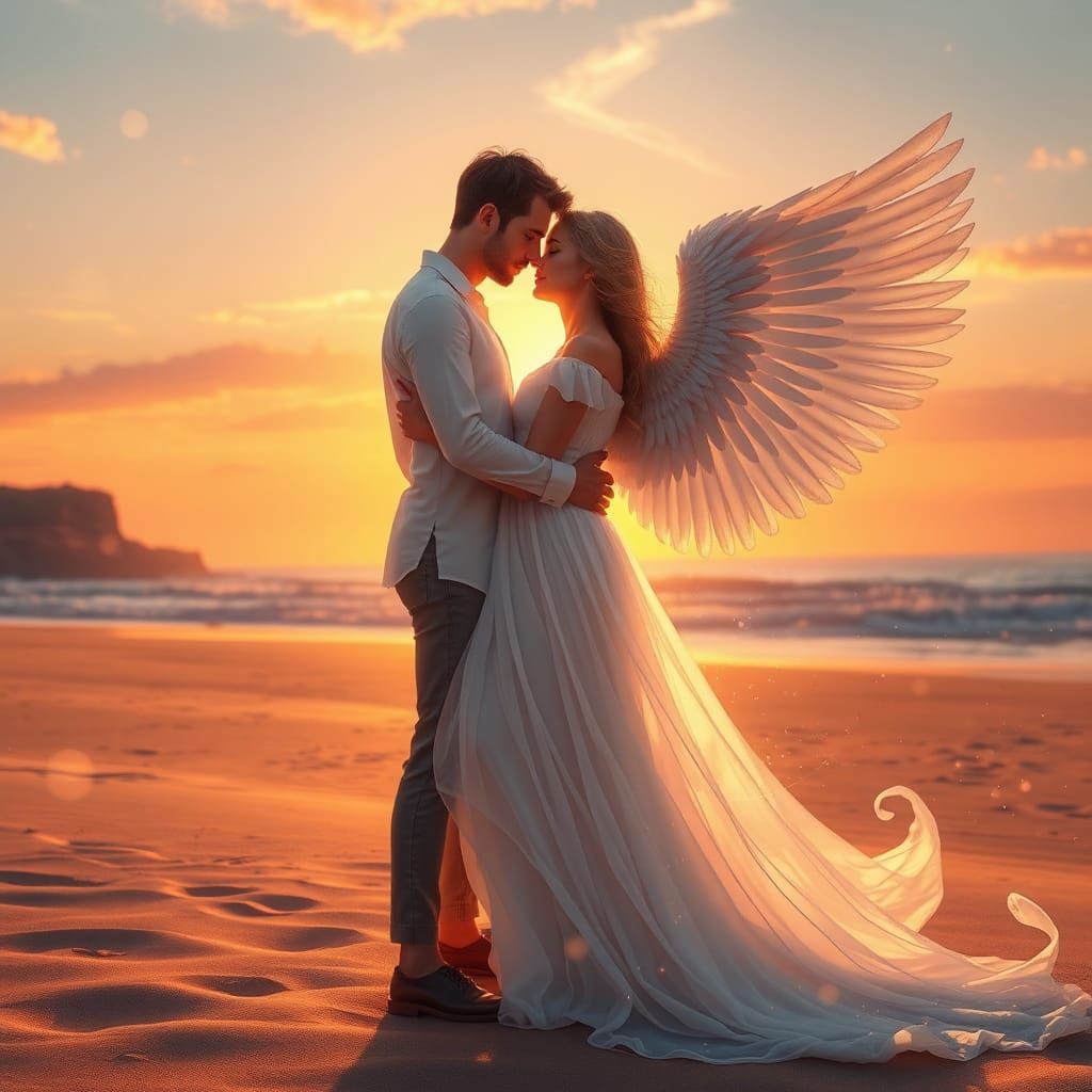 Angelic Couple Embrace on Beach at Sunset