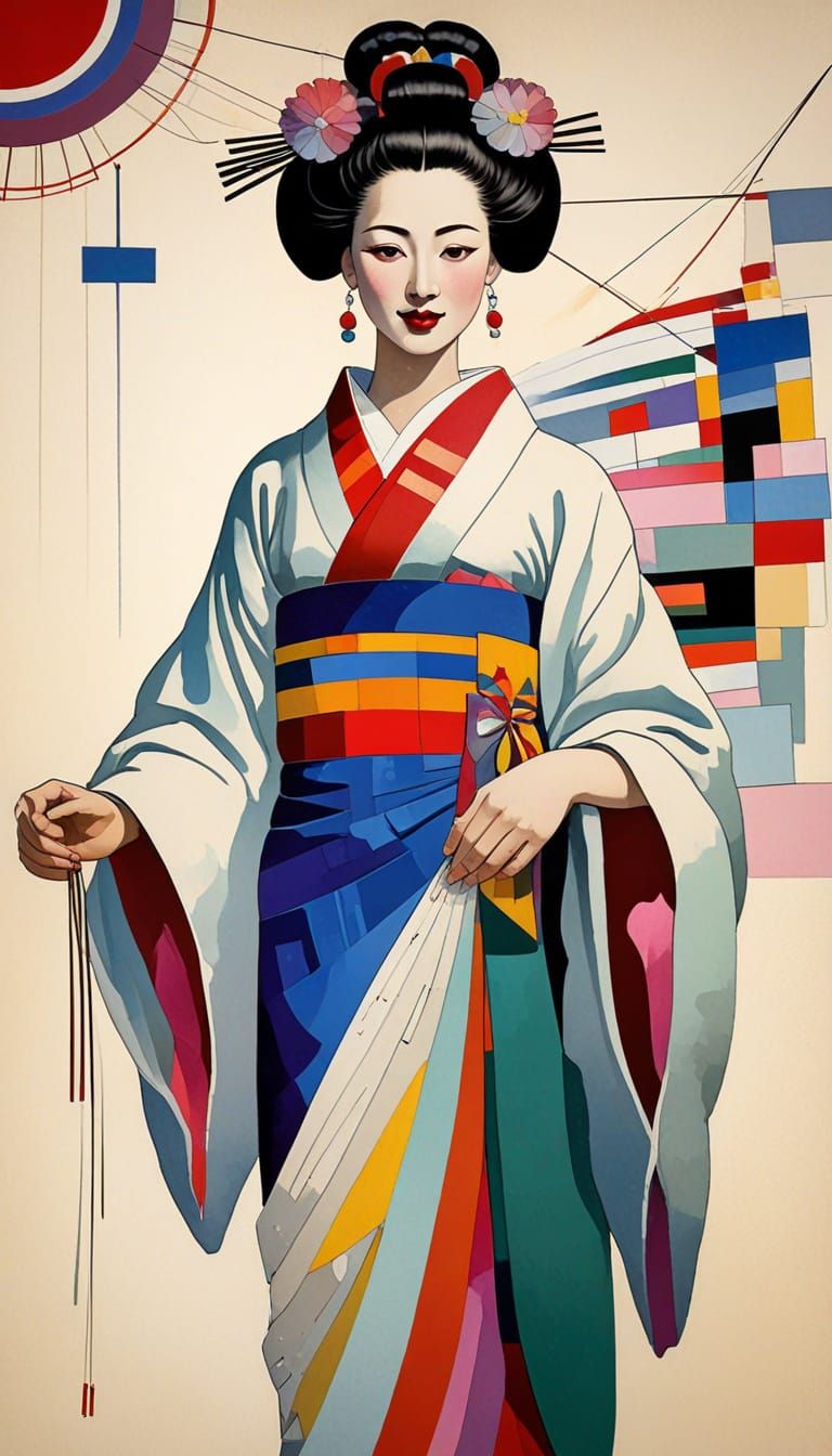 Geisha Lady in Vibrant Colors Inspired by Kandinsky's Style