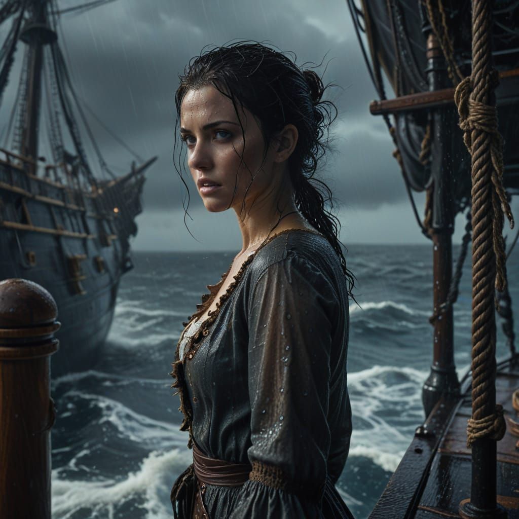 Woman on Pirate Ship in Stormy Weather