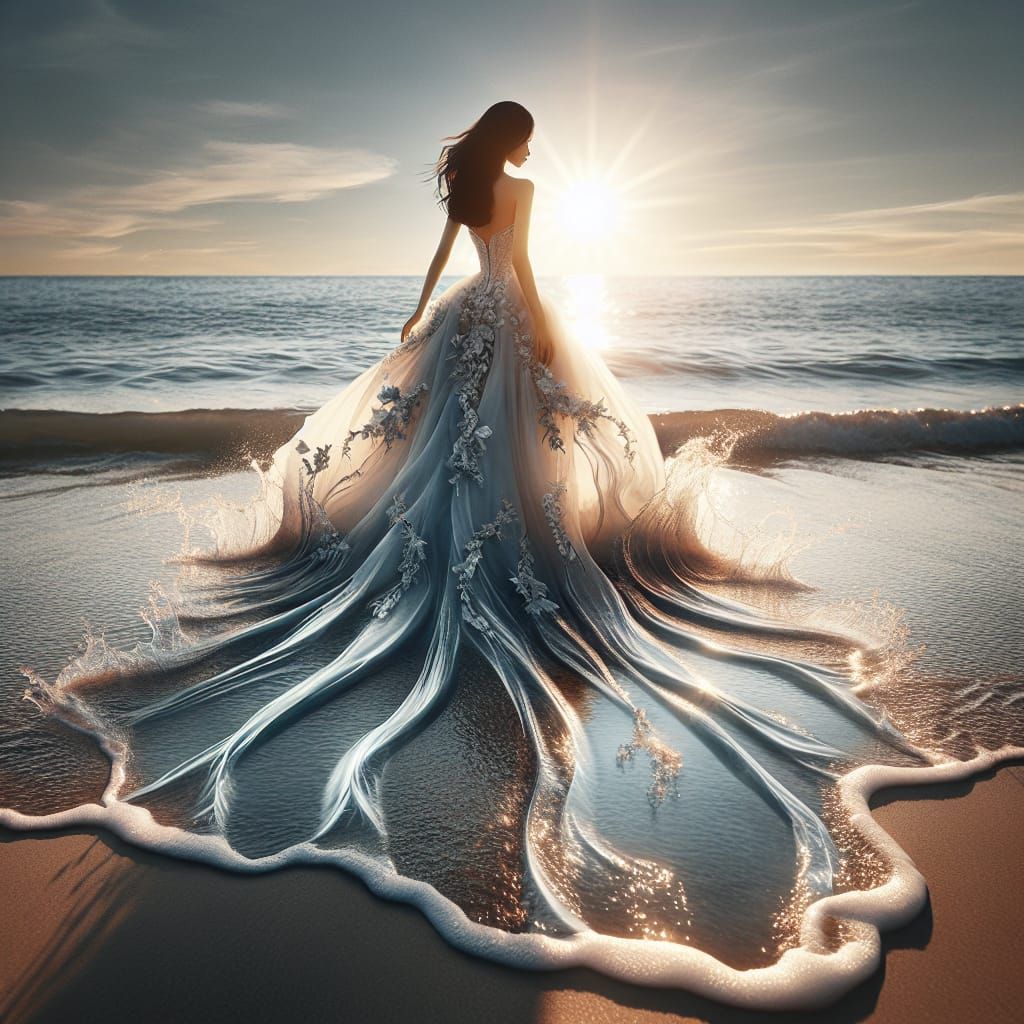 Woman's Gown Melts Into Ocean At Sunset