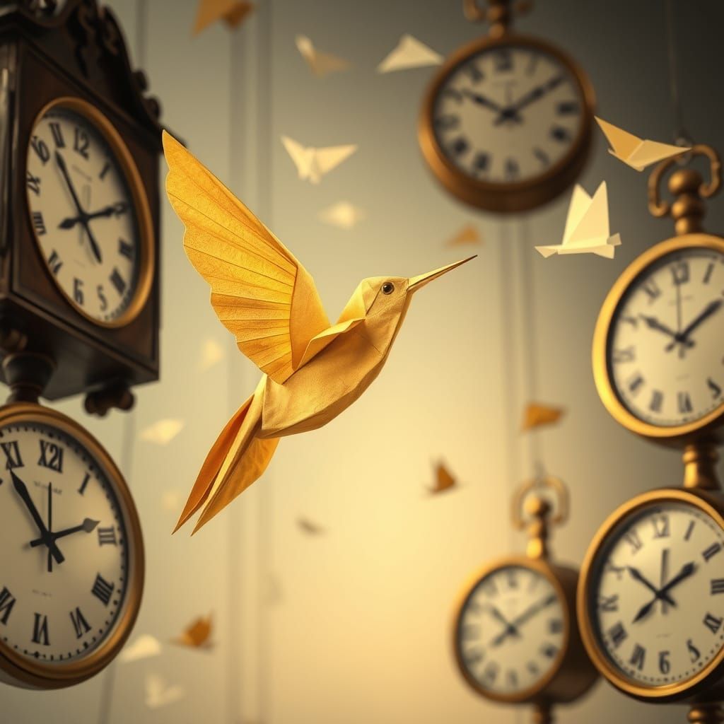 Golden Origami Hummingbird Among Suspended Clocks