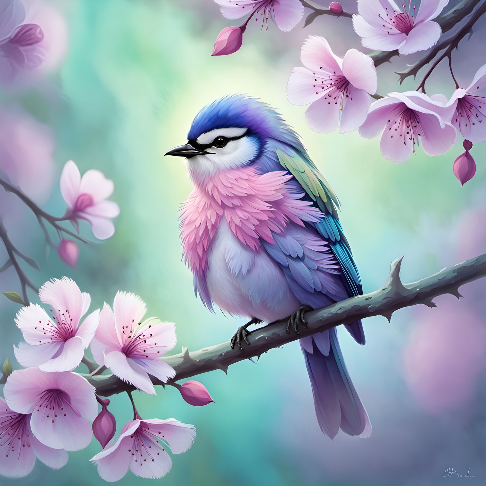 Pastel Bird in Blossoms at Twilight