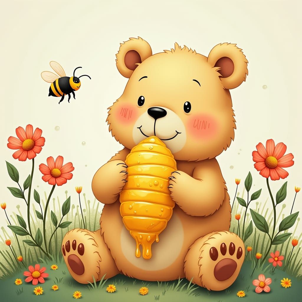 Pastel Bear with Honeycomb in Art Nouveau Style