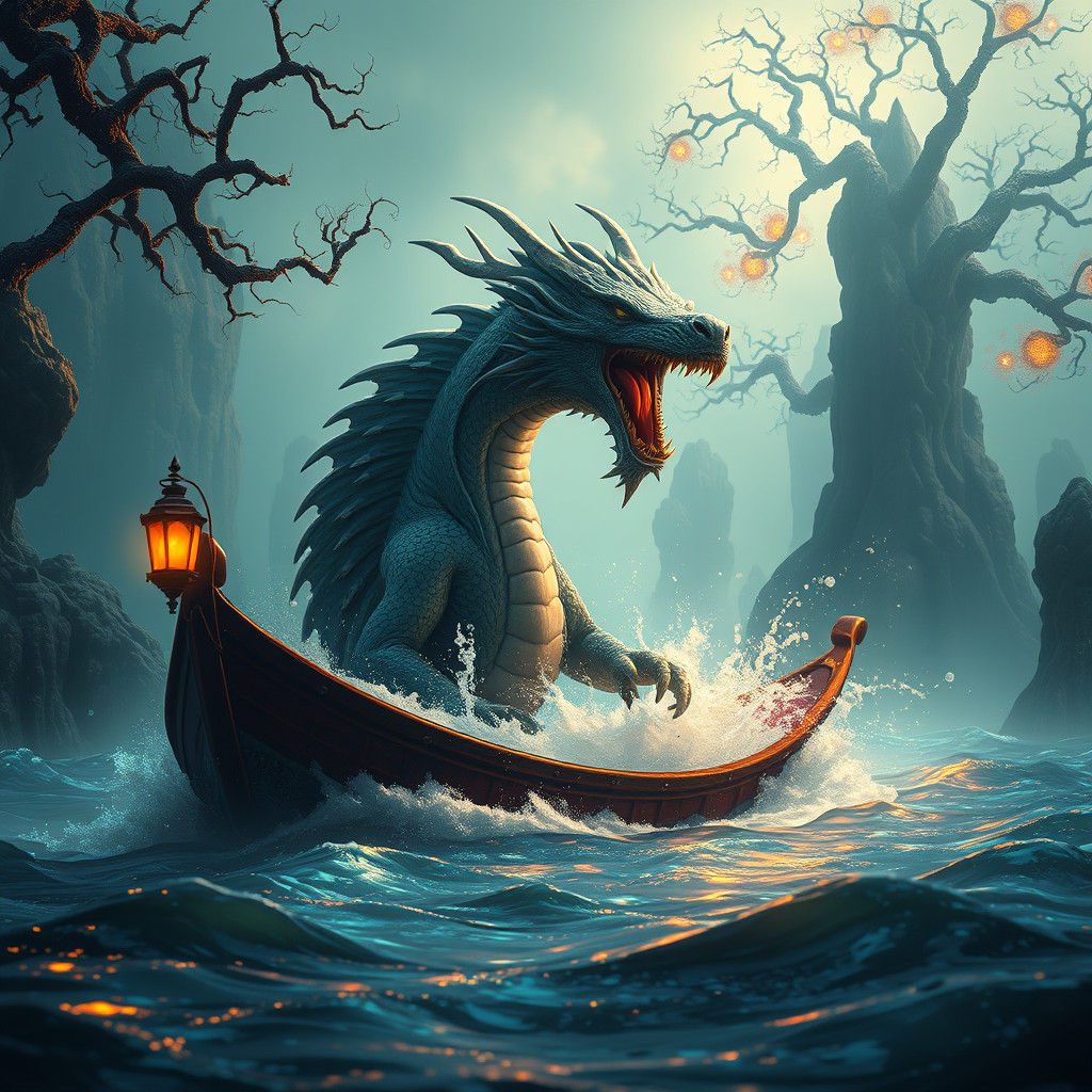 Dragon Roar in Mystical Boat: Sci-Fi Concept Art