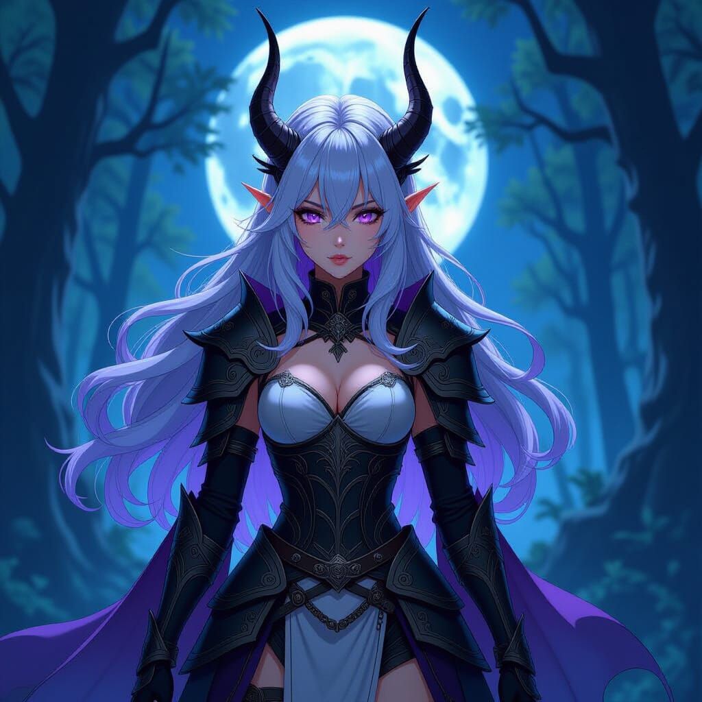 Anime Demon Assassin Girl in Moonlit Forest