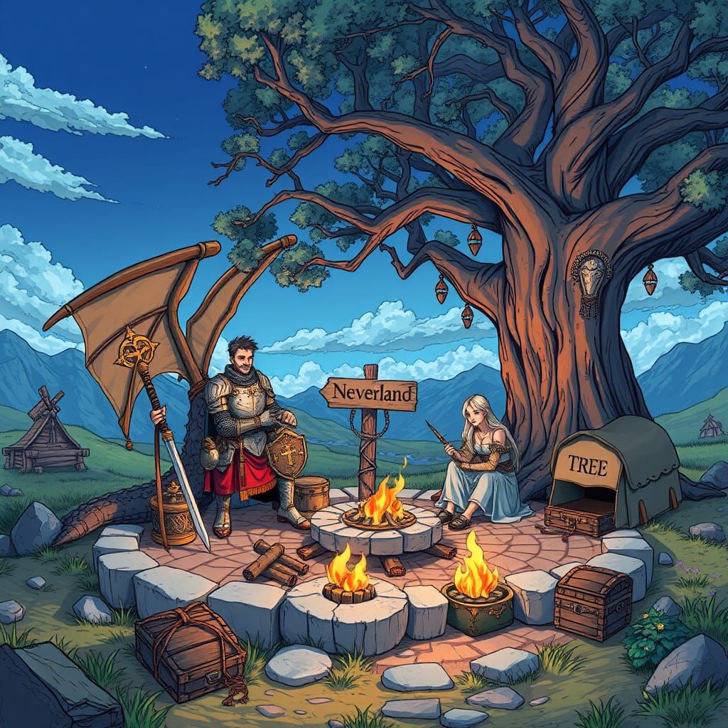 Fantasy Knight and Wizard at Neverland Camp in Anime Art