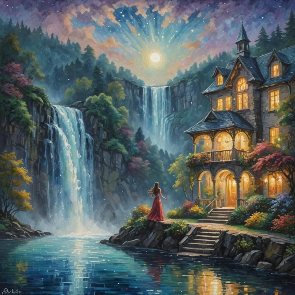 Woman at Waterfall: Neo-Impressionist Oil Painting