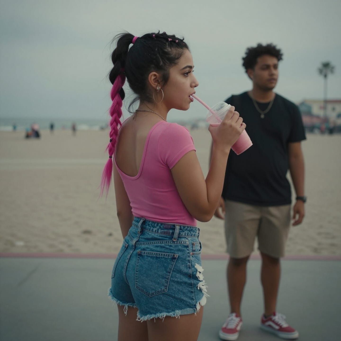 Punk Girl with Pink Hair on Venice Beach Boardwalk