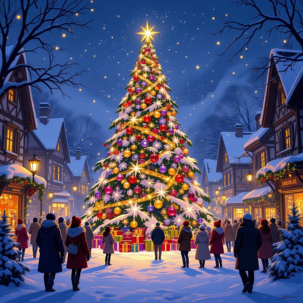 Festive Winter Scene with Christmas Tree, Dark Fantasy Art