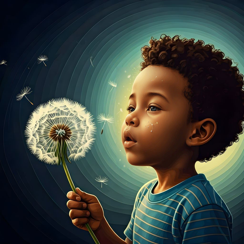 Whimsical Moment of a Young Boy Enjoying a Dandelion's Delig...