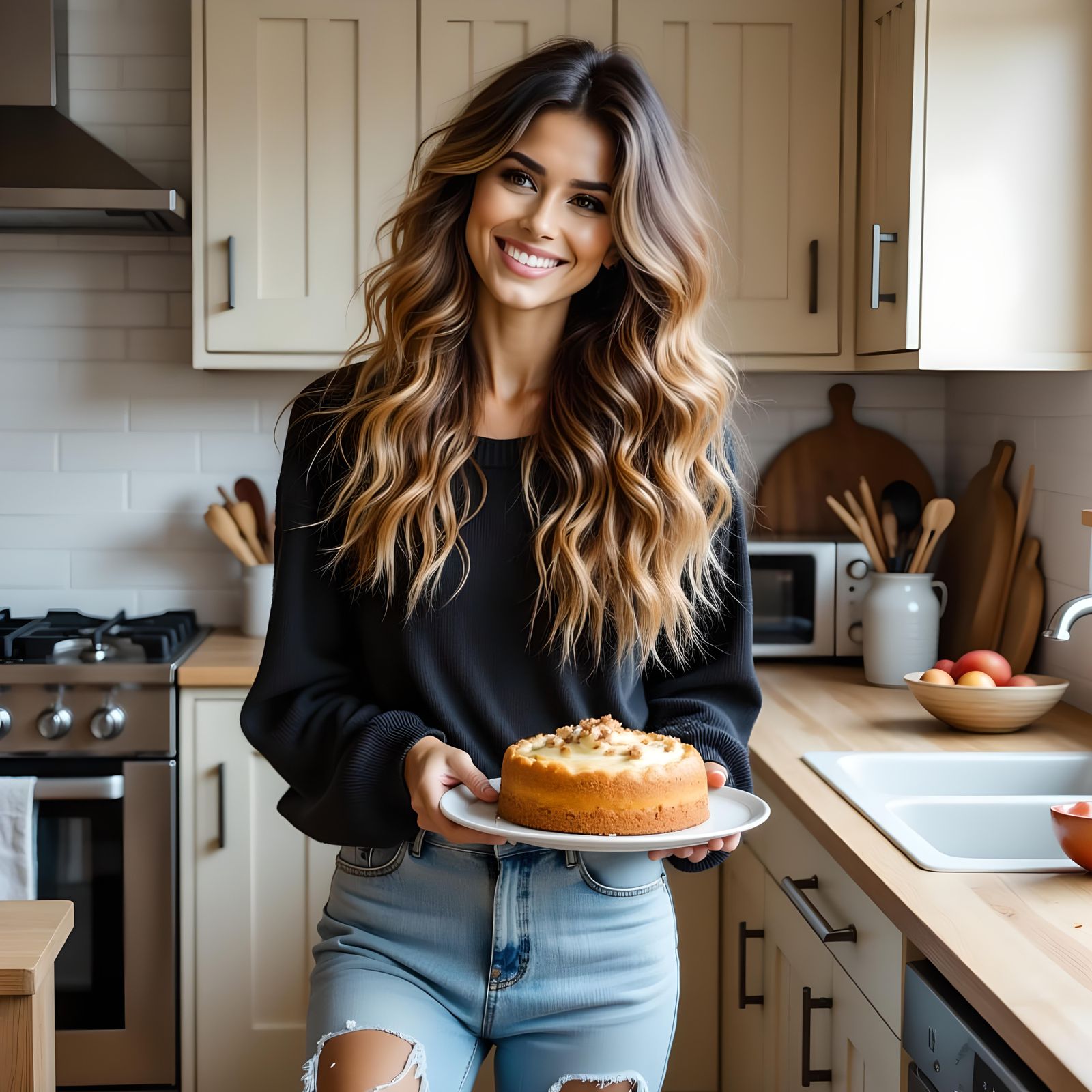 Woman Baking Cake: Watercolor Painting