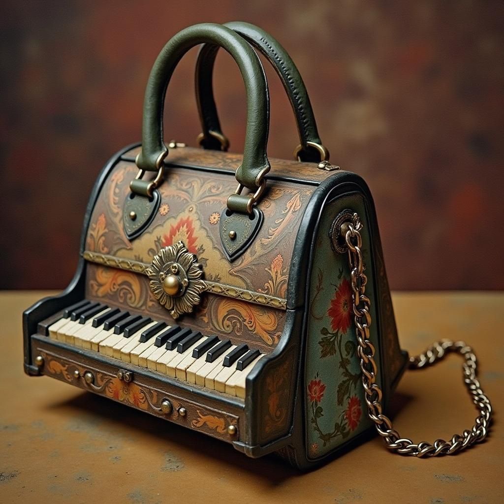 Intricate Piano Handbag in Luxurious Digital Art Style