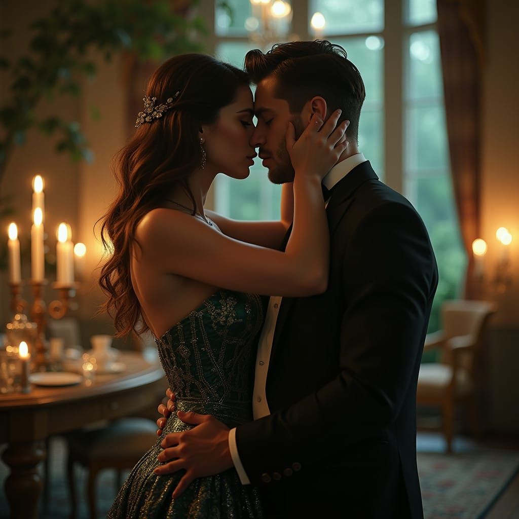 Elegant Couple Sharing Passionate Kiss in Luxurious Setting