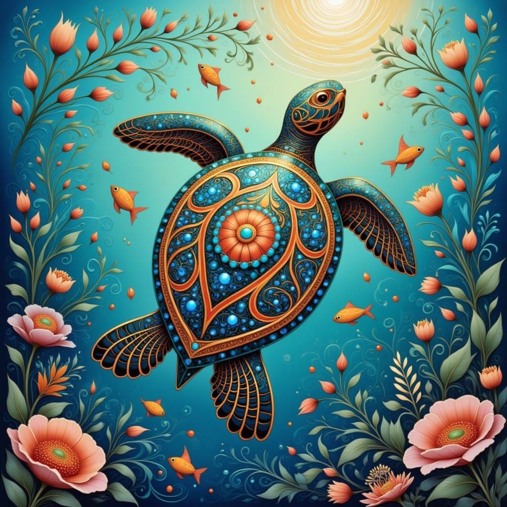 Sea Turtle in Crystal Waters, Art Nouveau Style