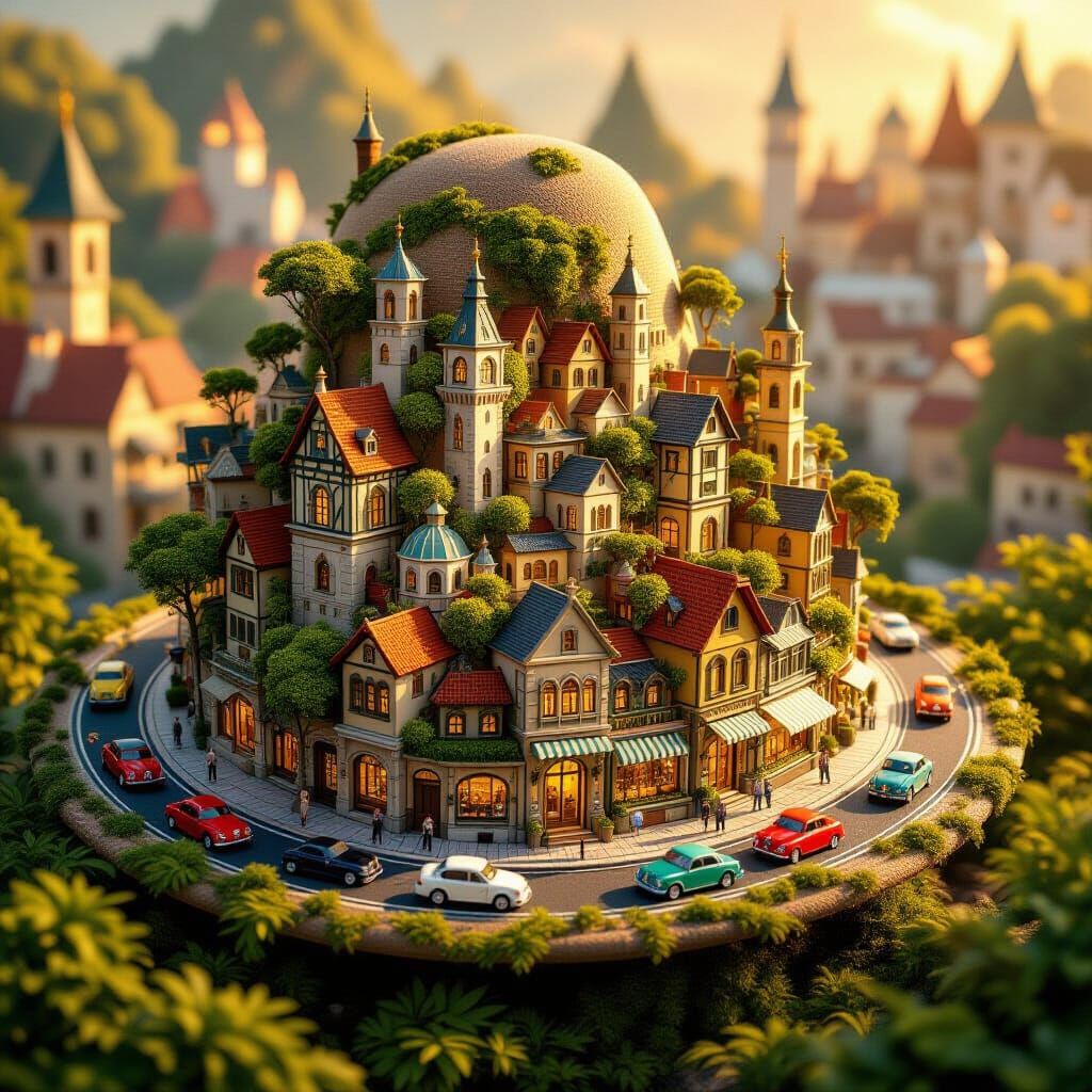 Miniature City In Fantastical Hat At Golden Hour