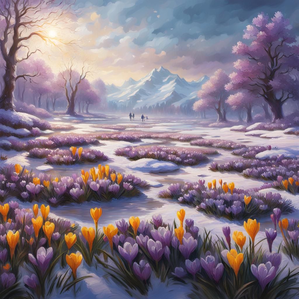 Crocuses Thawing Snow in Impressionistic Style