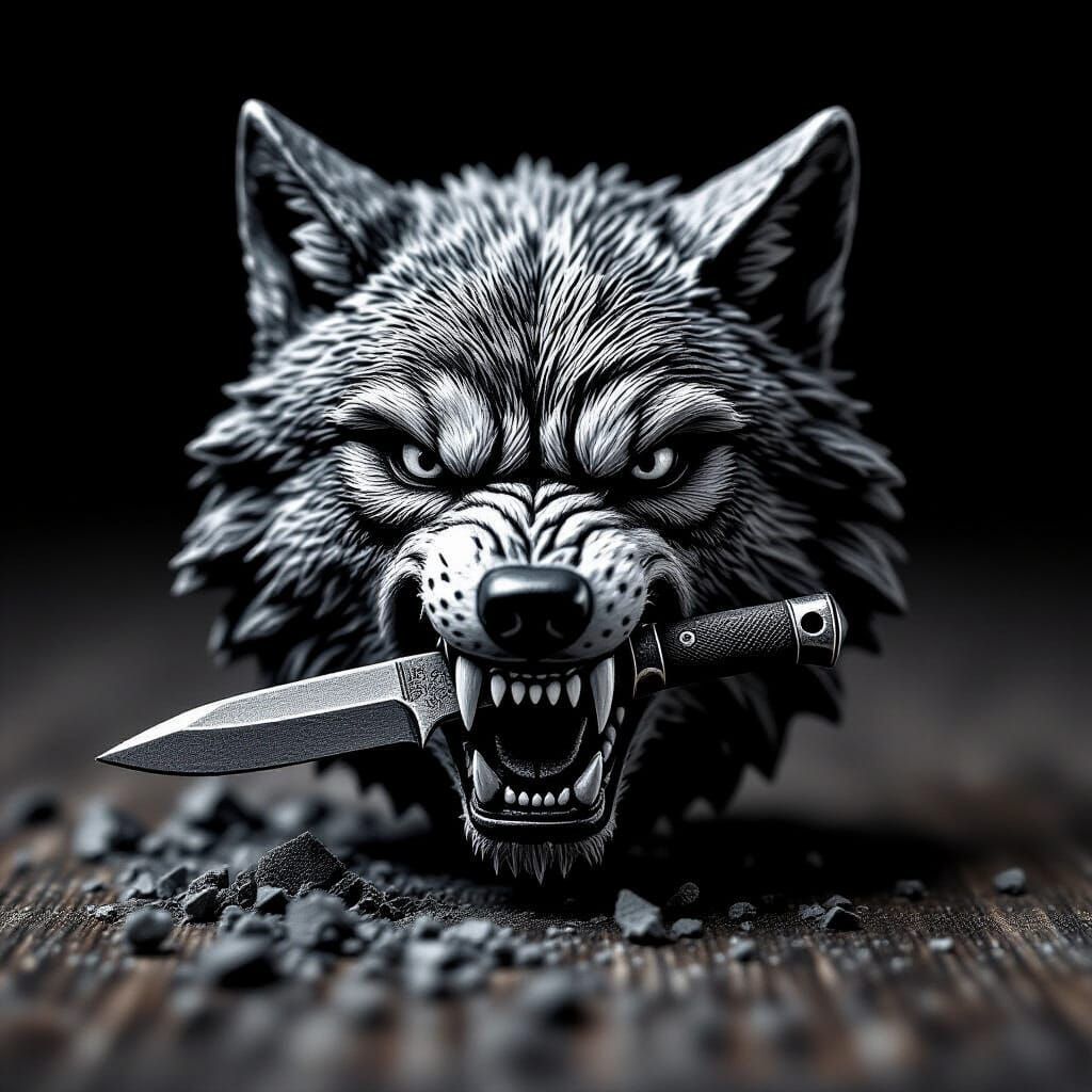 Hyperrealistic Wolf Head Sculpture in Macro Black and White