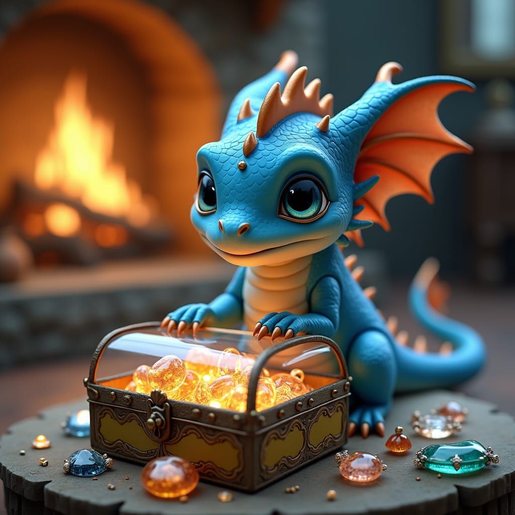 Baby Dragon with Glowing Jewels in Cozy Parlor