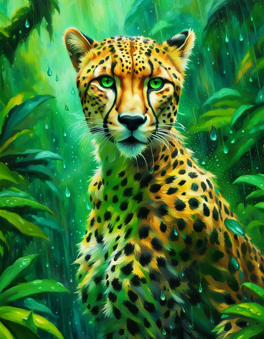 Anthropomorphic Cheetah Girl Leaps through Rainforest in Vib...