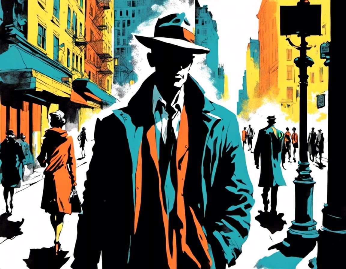 Noir Cityscape: Graphic Novel Illustration with Silhouettes