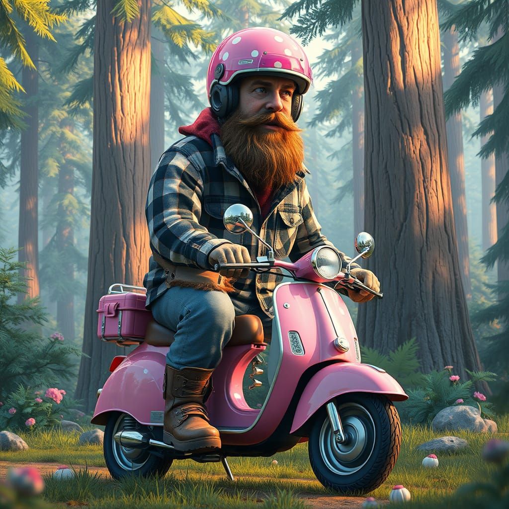 Whimsical Lumberjack Rides Pink Scooter in Enchanted Forest