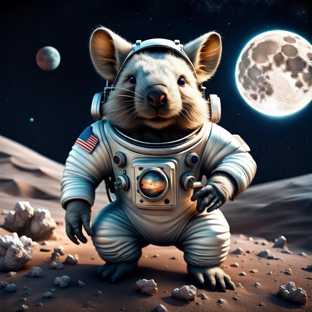Astronaut Wombat on the Moon with Broken Ship