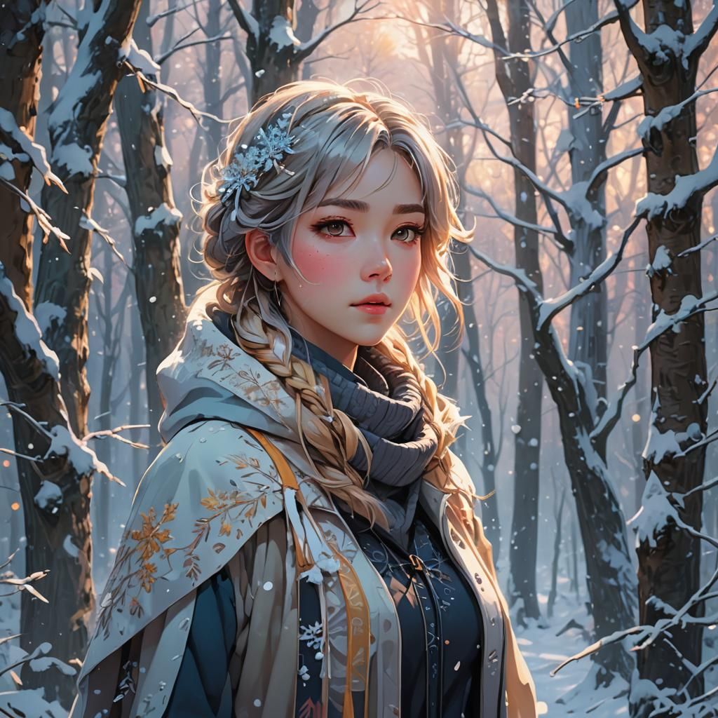 Woman in Snowy Forest, Digital Anime Art
