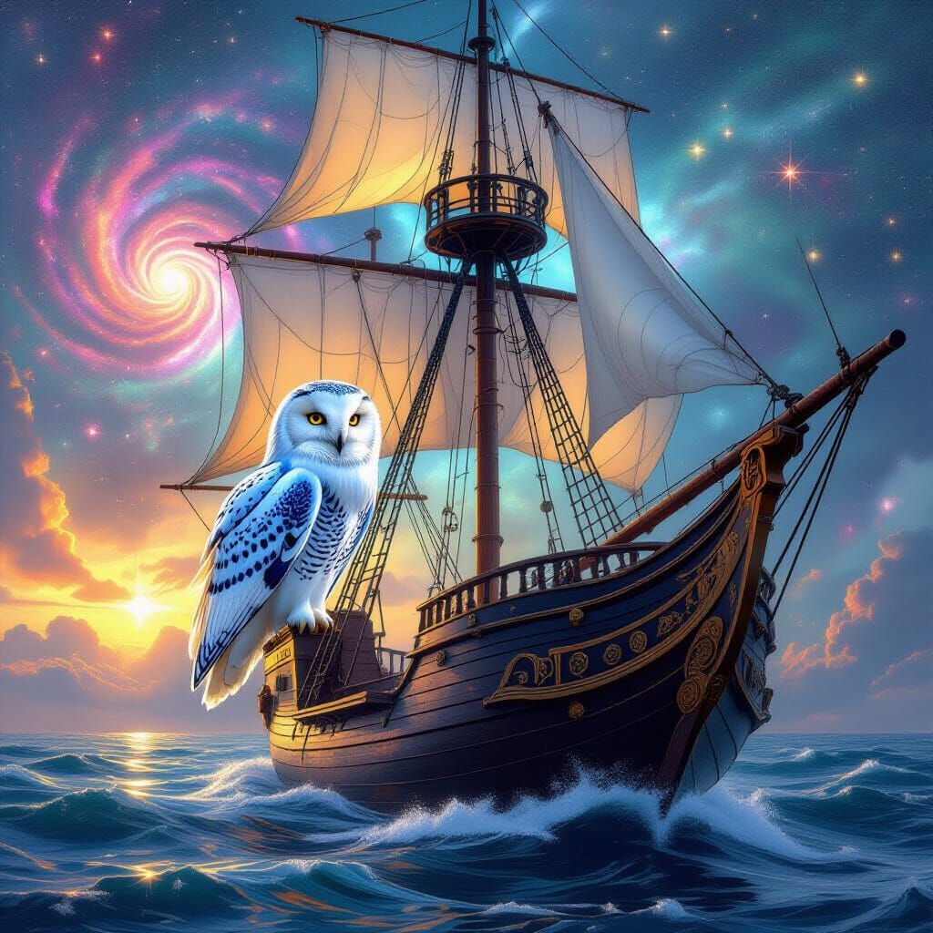 Majestic Owl on Ship Navigating Cosmic Nebula