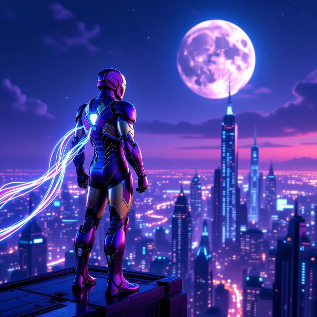 Iron Man in Futuristic Cityscape Under Alien Moons