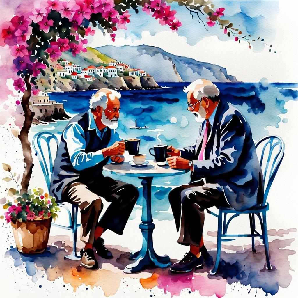 Picturesque Greek Cafenion: Watercolour Ink Splash Art