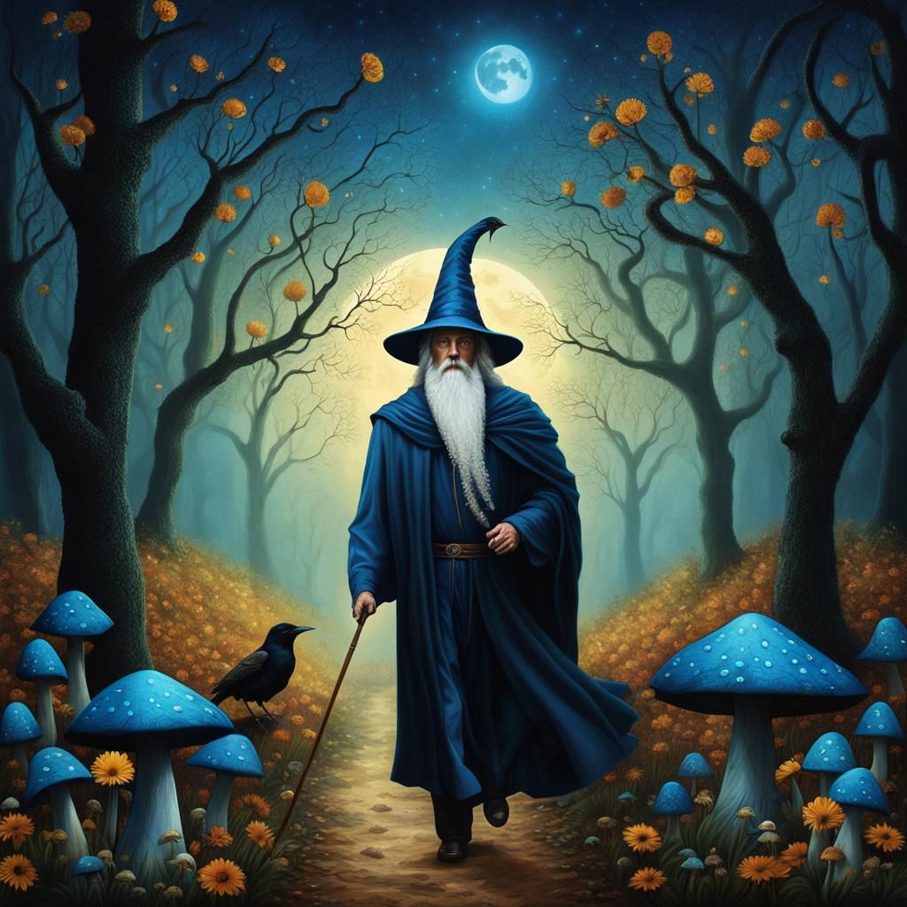 Enchanted Forest: Mystical Wizard Under Blue Moon