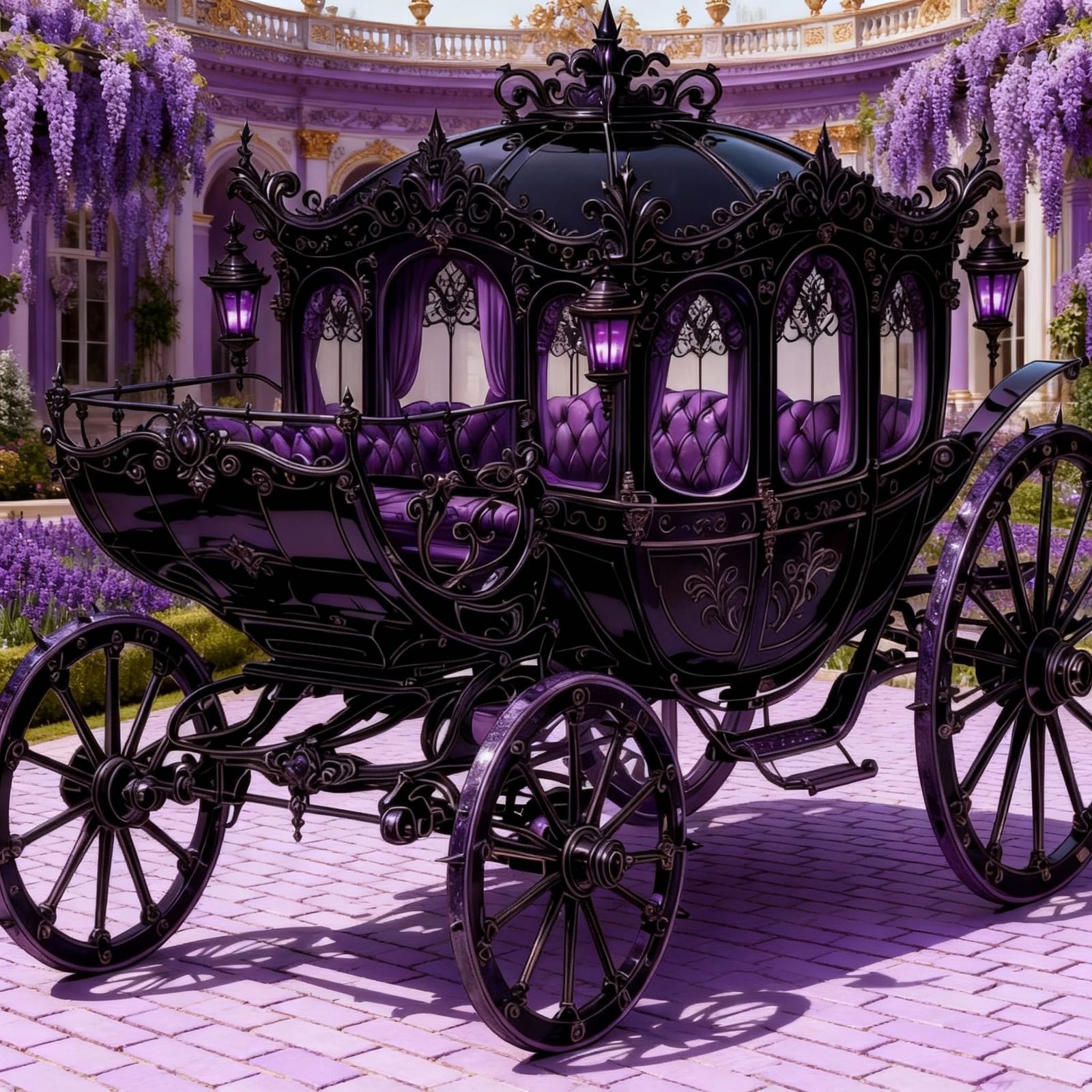 Ornate Obsidian Baroque Carriage in Royal Palace Courtyard