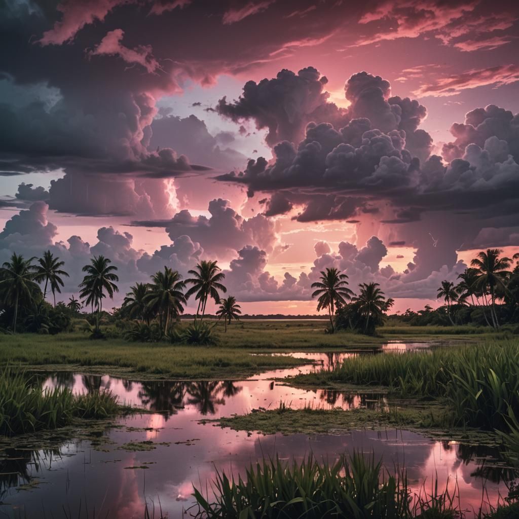 Pink Sunset Over Tropical Wetlands: Cinematic Still