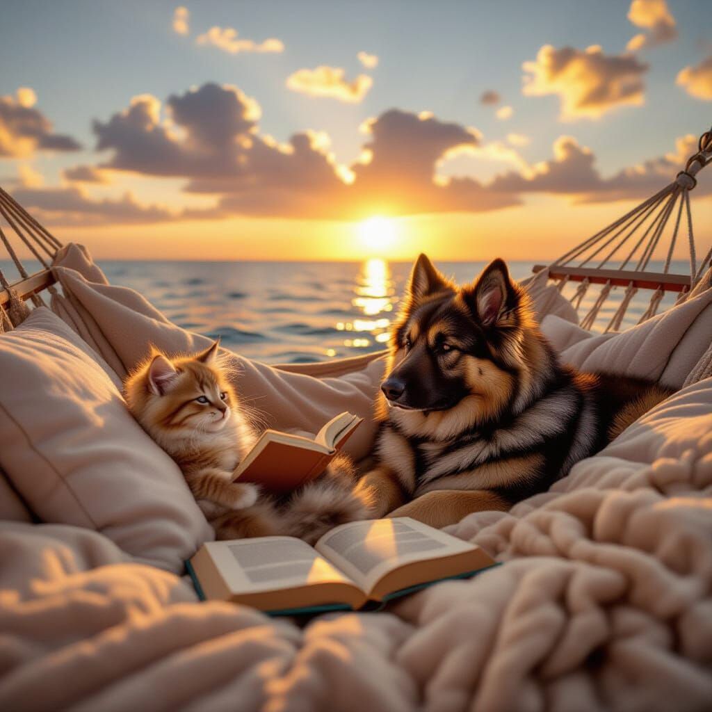 Kitten and Dog Relaxing on Boat at Sunset