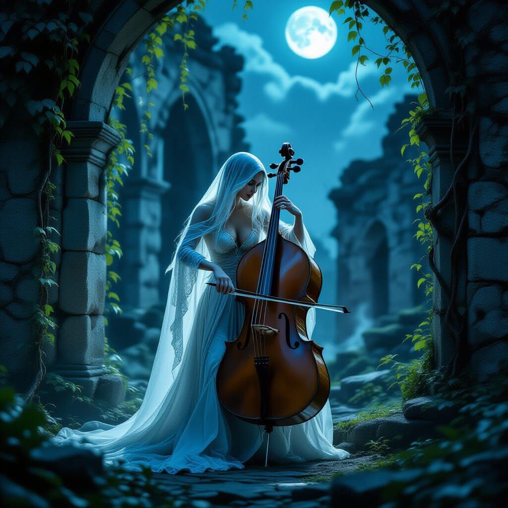 Ethereal Ghostly Cellist in Moonlit Ruins