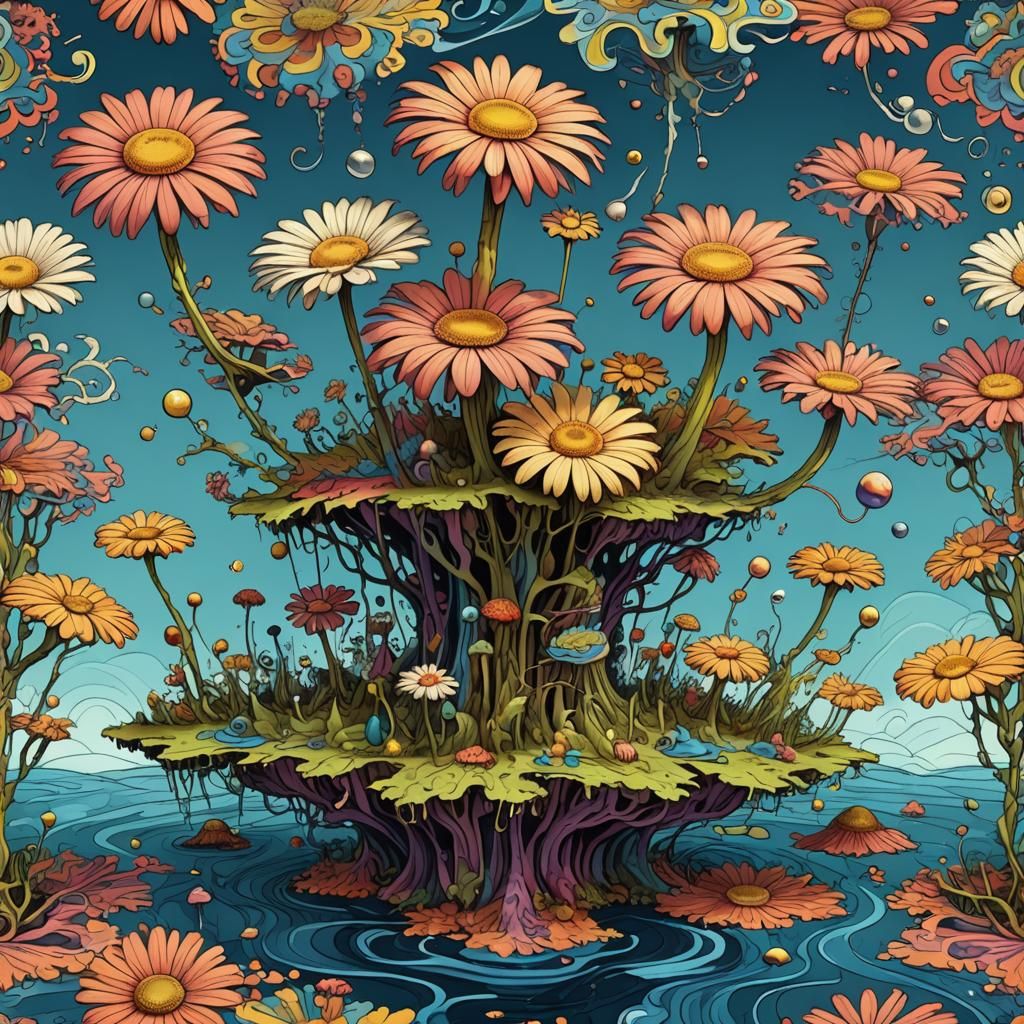 Surreal Floating Island with Daisies in Pop Art Style