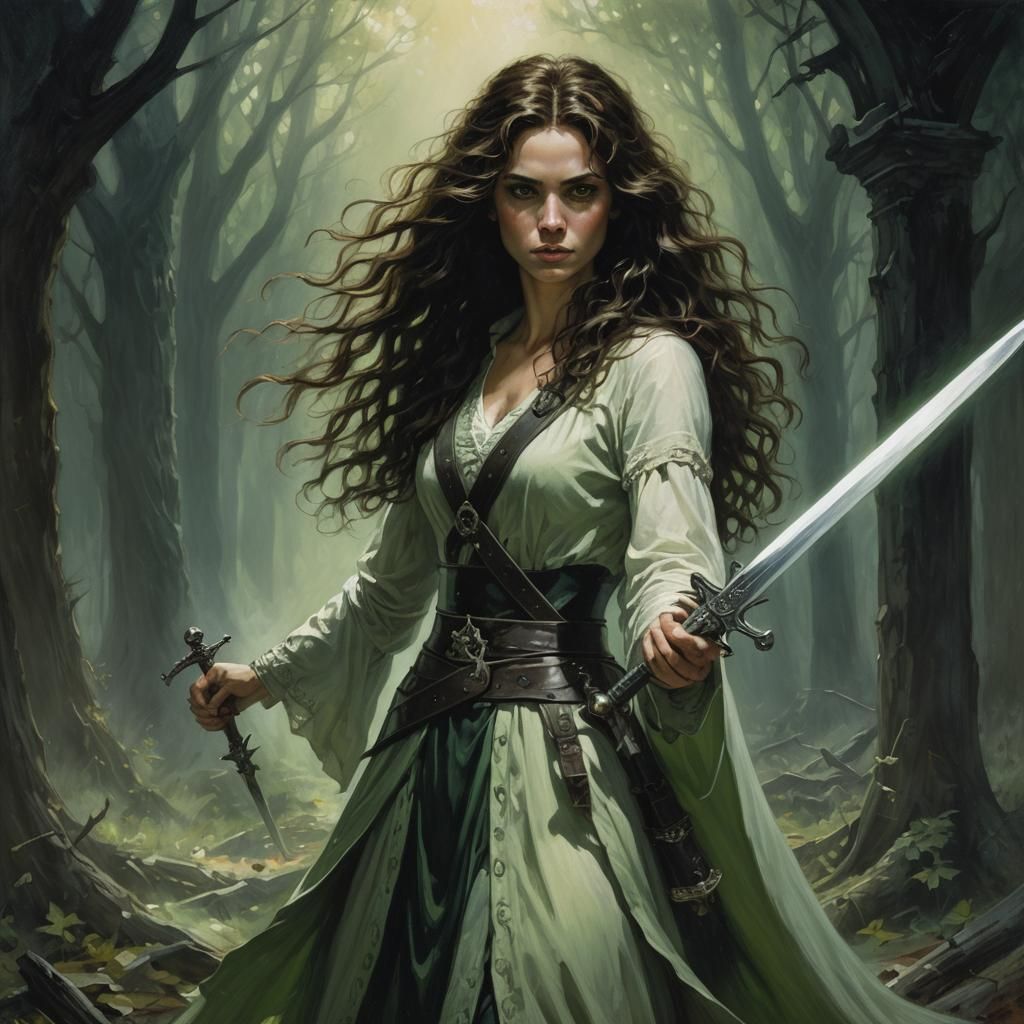 Ethereal Woman Warrior with Sword in Fantasy Style