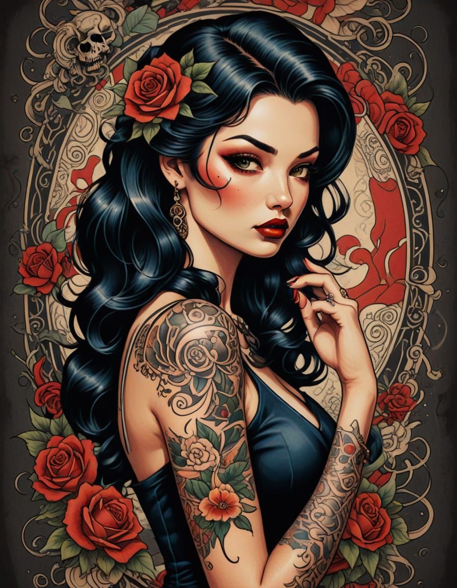 Surreal Pin-Up Girl in Mysterious, High-Contrast American Tr...