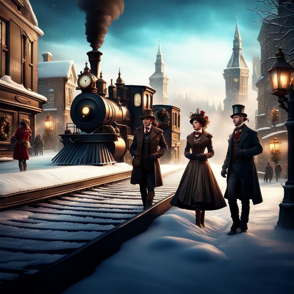 Steampunk Christmas in Victorian Town, Detailed Painting