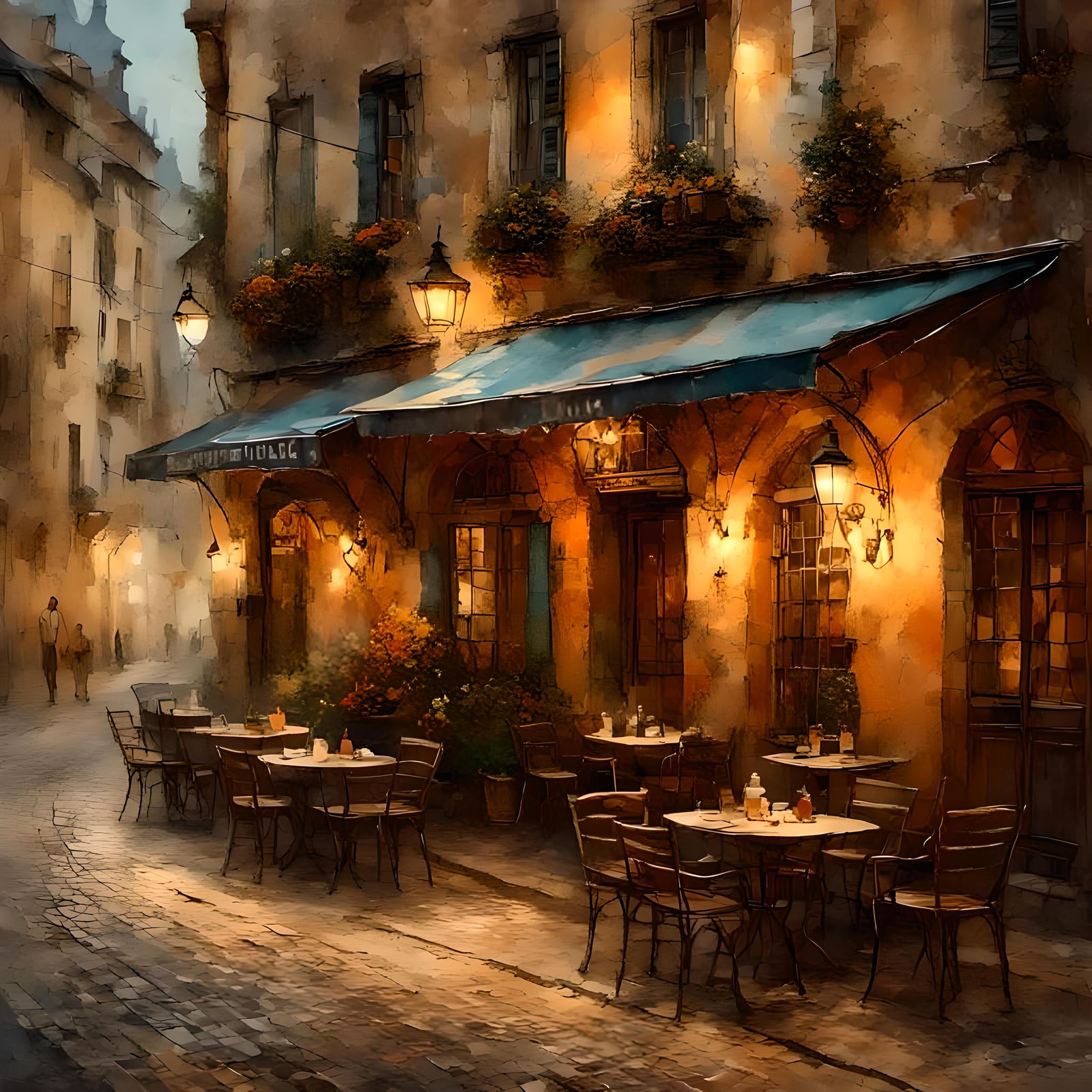 Charming European Cafe in Antique Watercolor Style