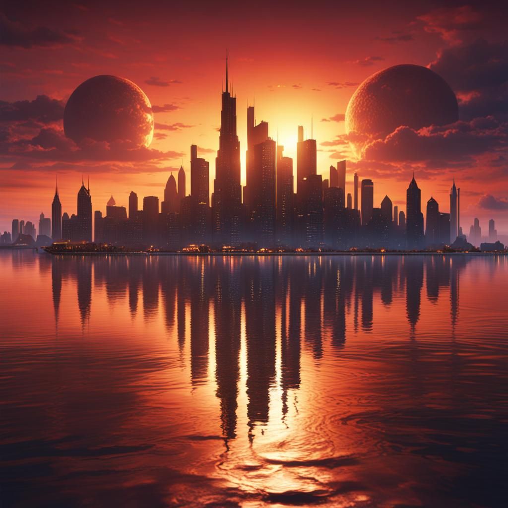 City Skyline Sunset: Detailed Matte Painting