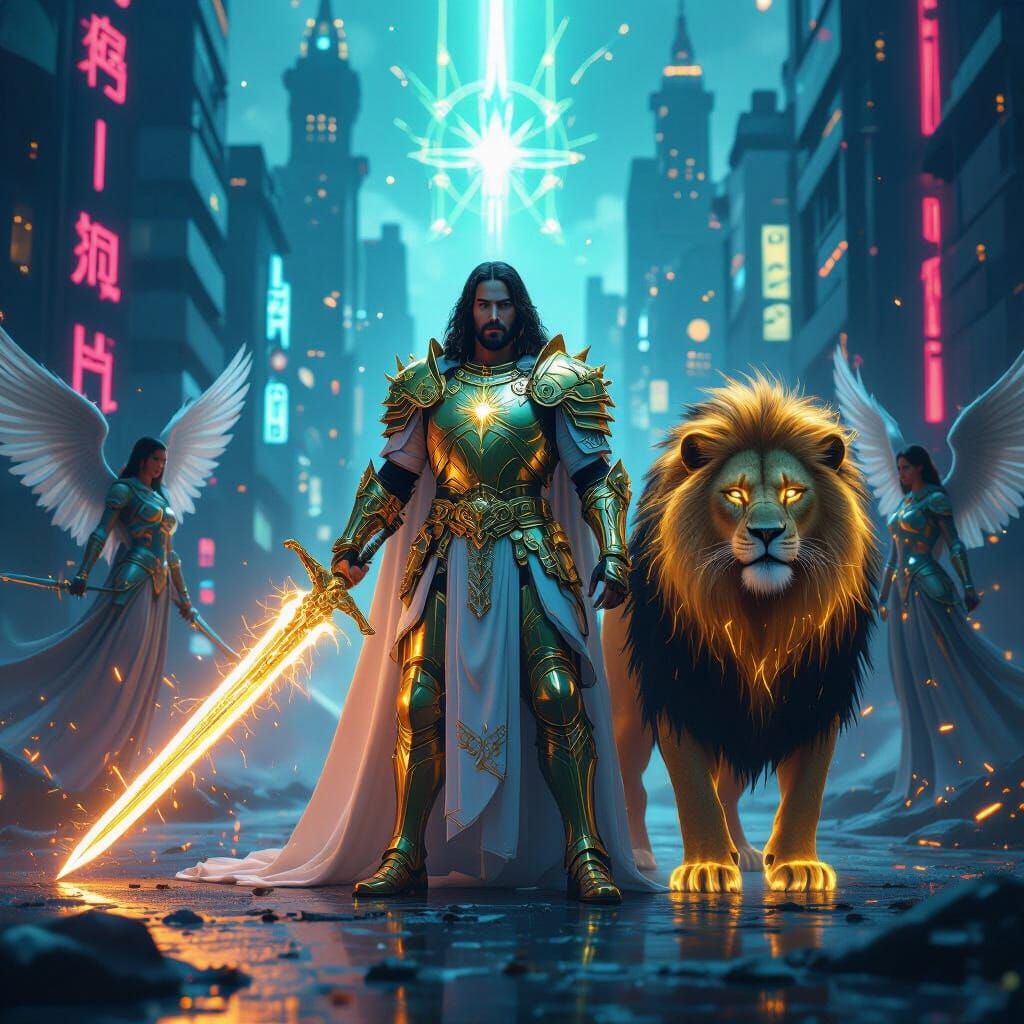 Jesus Christ as Golden Warrior in Sci-Fi Heaven