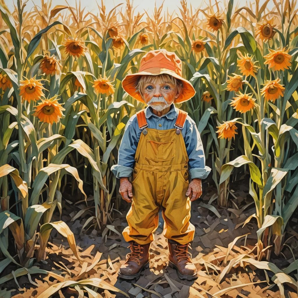 Dwarf in Cornfield: Gouache Impressionist Painting