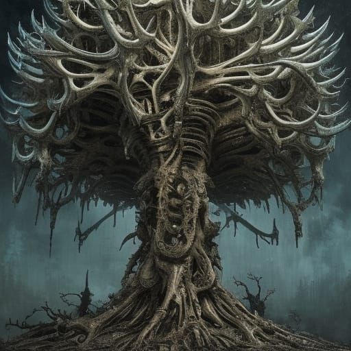 Intricate Bone Tree Dark Fantasy Art in Giger Style