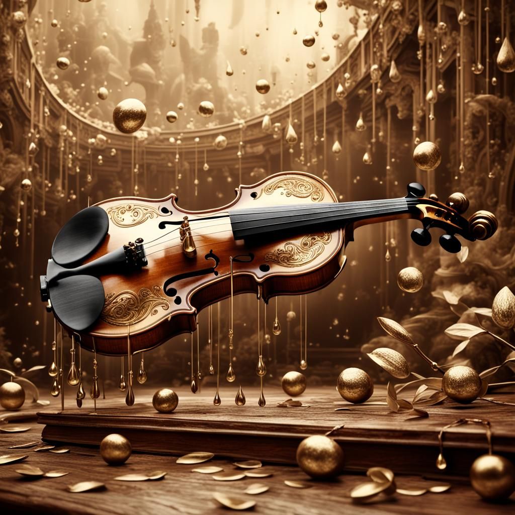 Sepia Violin with Golden Dewdrops: Digital Matte Painting