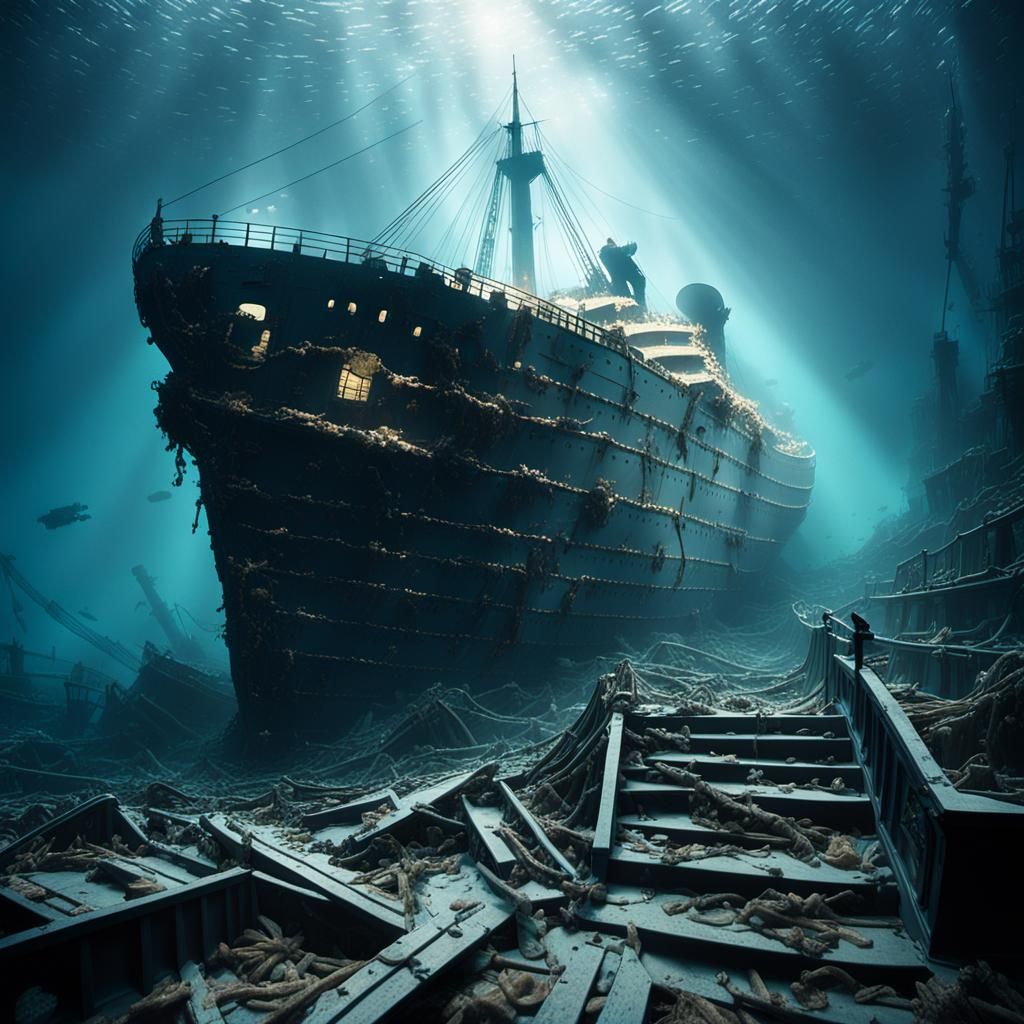 Titanic Wreckage on the Ocean Floor in Cinematic Film Still