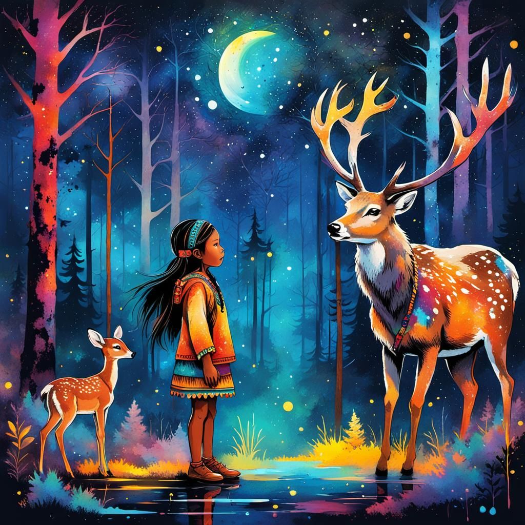 Native American Girl and Deer Under Starry Sky
