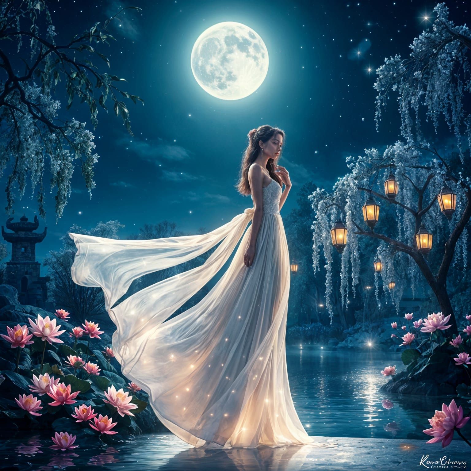 Moonlit Woman in Ethereal Garden: Digital Painting
