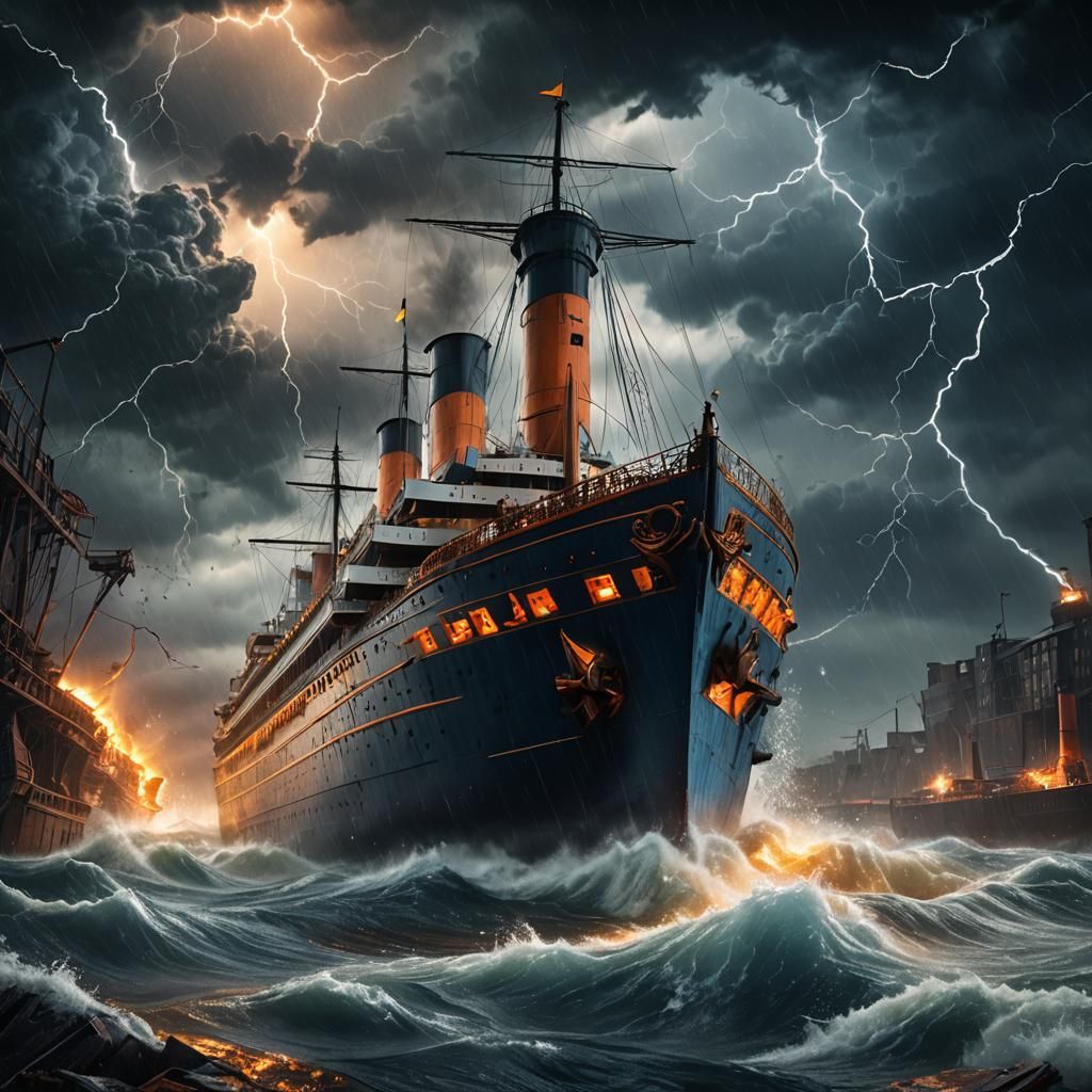 Titanic-like Ship Sinking in River Storm: Fantasy Art